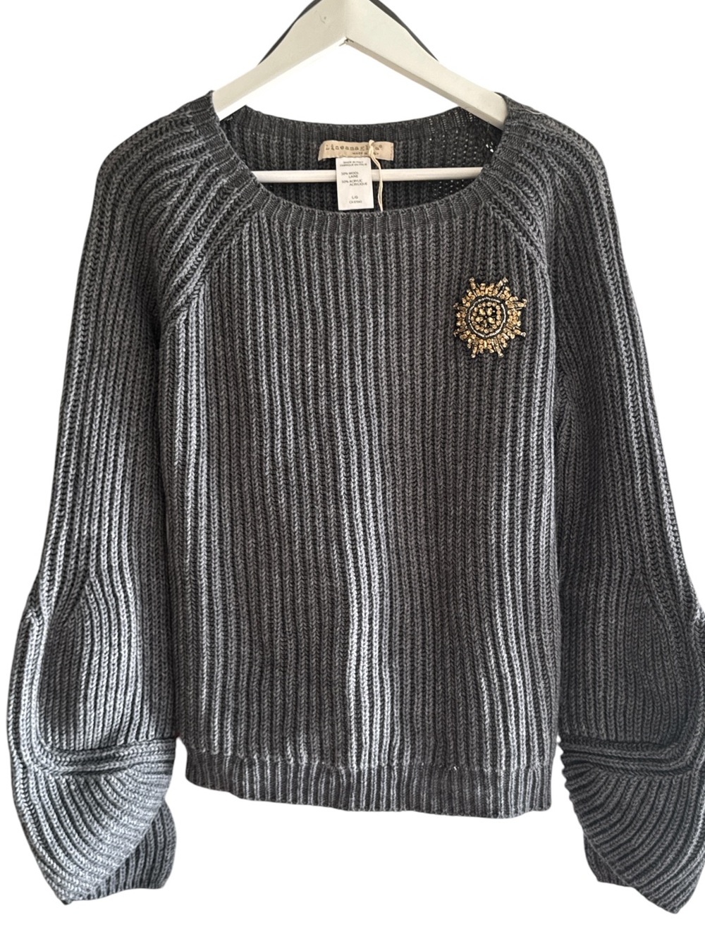 Lou & Grey Charcoal Ribbed Crewneck Sweater with Gold-Tone Brooch